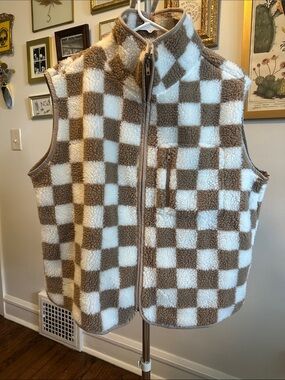 ModCloth Brown and Cream Checkered Sherpa Vest
